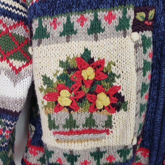 Heirloom Collectibles Christmas Sweater Large 3D Tree Poinsettias Full Zip VTG - Picture 5 of 10